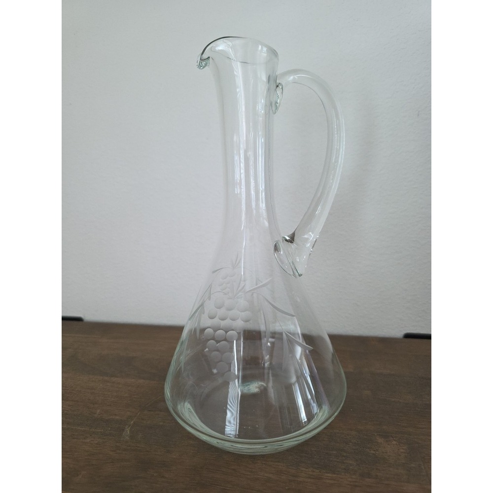 Vintage Hand Blown Long Neck Etched Grapevine Clear Glass Pitcher 10.5" MCM